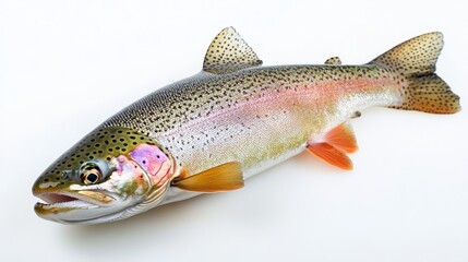 Obraz premium 16.A close-up view of a whole rainbow trout, isolated against a white background, with its colorful scales clearly visible. The fish is positioned with its fins slightly spread, and its vibrant