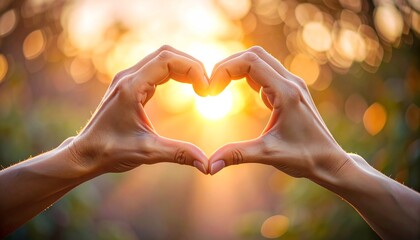 Close up of hands forming heart shape symbol of love, soft romantic lighting, blurred background, emotional connection, Valentine&rsquo;s Day concept, clean composition, copy space, realistic commercial sto