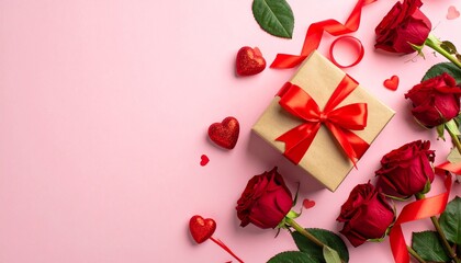 Valentine&rsquo;s Day flat lay with gift box, red roses, heart decorations and ribbon on soft pastel background, top view, minimal modern style, copy space, elegant composition, commercial stock photography