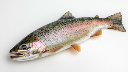Obraz premium 19.A perfectly isolated whole rainbow trout fish, displayed on a clean white background. The rich colors of the fishâ€™s scales, along with its detailed fins and delicate eyes, make it ideal for