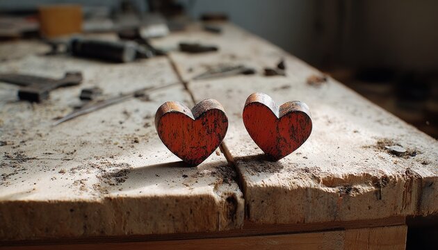 Two small, rustic wooden hearts rest upon a dusty, worn workbench in soft, focused light.