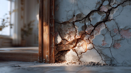 Warm sunlight dramatically highlights a severely cracked and crumbling plaster wall next to a wooden frame in an old, neglected room.