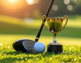 Golf Club and Trophy on Green Grass.