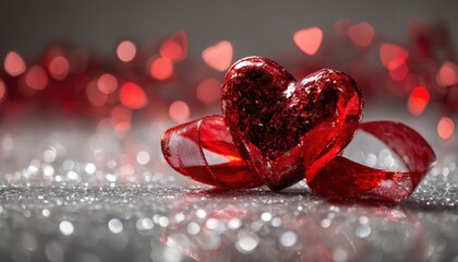 Sparkling red heart ornament rests on glittering silver surface surrounded by romantic bokeh lights