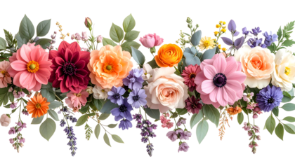 A vibrant horizontal arrangement of diverse blooming flowers and colorful petals.