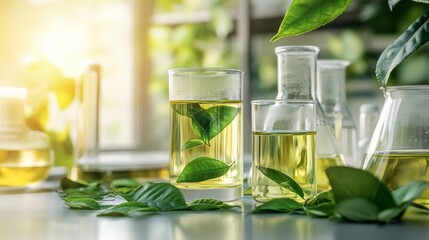 85.A well-lit, detailed image of laboratory equipment like glass jars and beakers filled with clear liquids, with fresh green tea leaves arranged around the glassware. The clean, scientific aesthetic