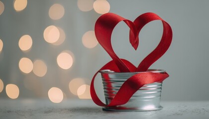Red ribbon shaped into a heart emerges from a small metal container set against a soft light background