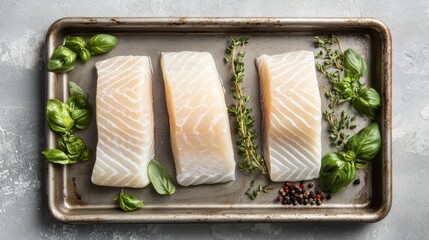 103.A detailed top view of uncooked cod loin fillets arranged on a sleek kitchen tray, surrounded by fresh herbs like thyme and basil. The gray background creates a neutral and elegant tone,