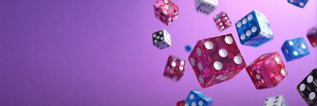 Numerous colorful dice tumble and fall against a vibrant purple background.