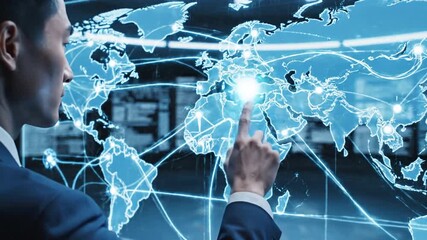 Cinematic wide shot of a global logistics network showcasing digital distribution and smart transportation technology within an interconnected futuristic world trade supply chain system. - Powered by Adobe