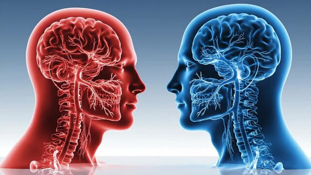 Human brain anatomy conceptual illustration of two profiles side by side