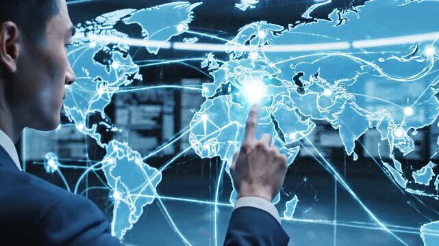 Cinematic wide shot of a global logistics network showcasing digital distribution and smart transportation technology within an interconnected futuristic world trade supply chain system.
