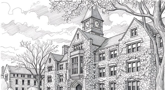 Historic University Building with Clock Tower Illustration.