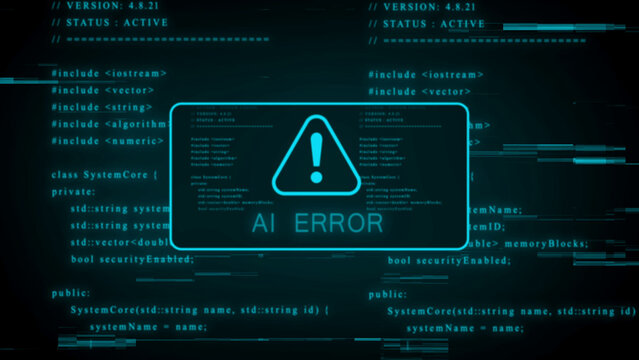 Cyan digital AI error message on a dark screen with glowing cyan code and programming text, showing an exclamation mark in a triangle, signifying a problem with artificial intelligence systems