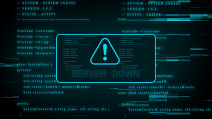 Digital screen displaying computer code with a glowing cyan alert symbol and the text SERVERDOWN indicating a system error and network outage in a dark futuristic environment Keywords © Stock motion CK