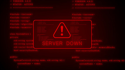 Digital screen displaying computer code with a glowing red alert symbol and the text SERVERDOWN indicating a system error and network outage in a dark futuristic environment Keywords © Stock motion CK