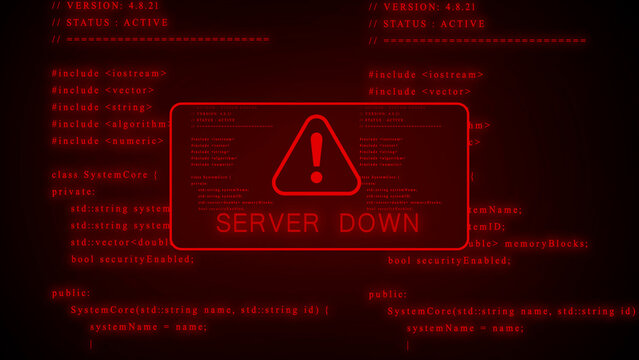 Digital screen displaying computer code with a glowing red alert symbol and the text SERVERDOWN indicating a system error and network outage in a dark futuristic environment Keywords