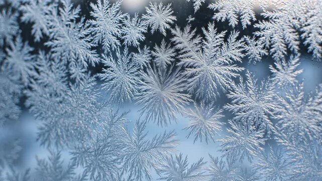 Intricate and delicate frost patterns forming beautiful crystalline snowflakes on a cold winter window pane, showcasing the stunning artistry of natures icy touch during the chilly season, creating a.