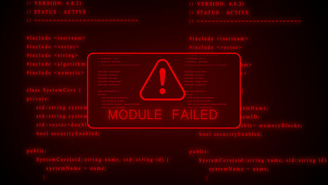 Digital screen displaying computer code with a glowing red alert symbol and the text MODULEFAILED indicating a system error and component malfunction in a dark futuristic environment