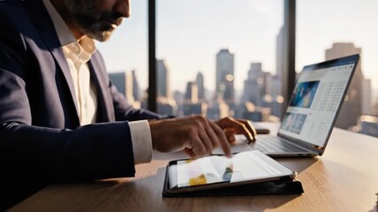 Cinematic slow motion of a focused professional businessman efficiently multitasking with a digital tablet and modern laptop computer in a sleek corporate office workspace environment. - Powered by Adobe