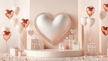 Elegant display setting features a large, glittering heart centerpiece surrounded by pastel balloons and wrapped presents