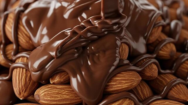 Drizzling rich chocolate over almonds for a gourmet treat.