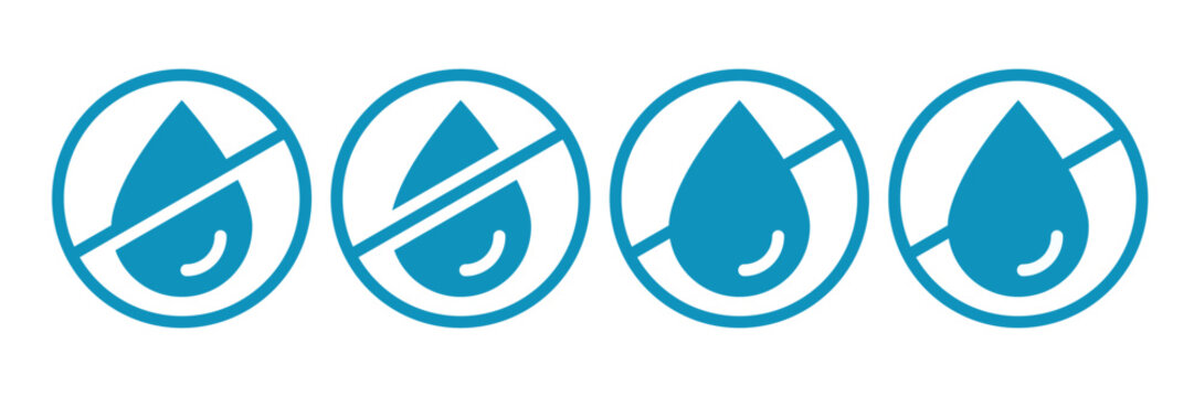 No water, gas, liquid, oil label vector icon set. Collection badge waterproof, water resistant, water protection, liquid proof, Shield with water drop. Anti wetting material, surface protection.