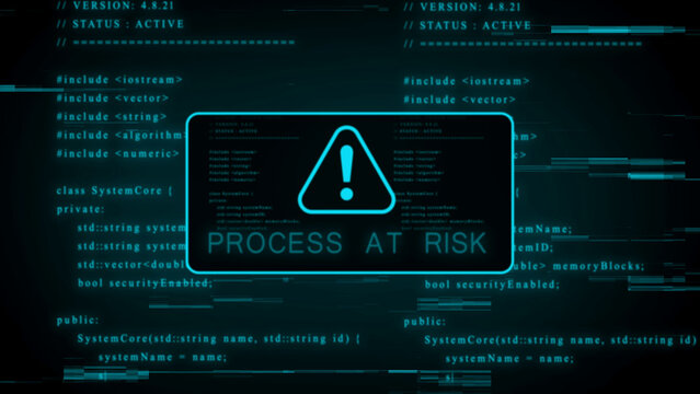 Futuristic digital interface with cyan glowing code and a warning alert for a process at risk, featuring glitch effects and a dark technological background symbolizing system vulnerability and data