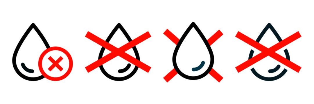 No water, gas, liquid, oil label vector icon set. Collection badge waterproof, water resistant, water protection, liquid proof, Shield with water drop. Anti wetting material, surface protection.