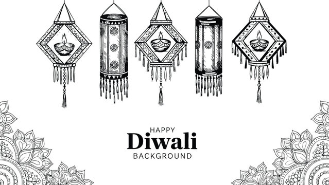 Happy Diwali vector background with hand-drawn black and white line art lanterns diya motifs and mandala corner borders.