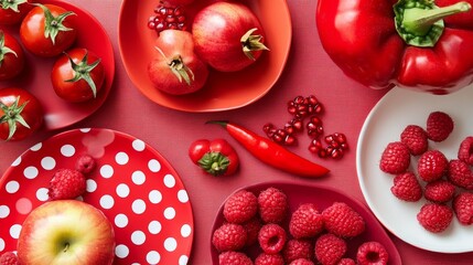 9.A minimalist table setup with red fruits like apples, raspberries, and pomegranates, along with vibrant red peppers and tomatoes. The background includes red and white polka dot plates, symbolizing