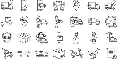 Delivery and logistics icons: truck, box, hands, location, clock, shield, scooter, and more for shipping services.