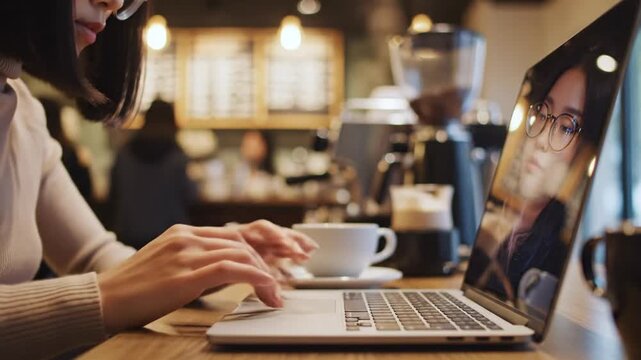 Cinematic close-up view of elegant female hands typing on modern laptop keyboard inside cozy urban coffee shop, freelancer working remotely on digital project with aesthetic atmosphere.