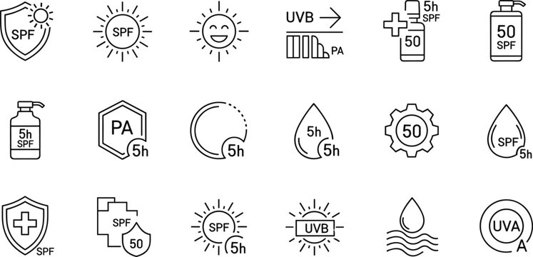 Sunscreen icons: SPF, PA, UVA, UVB, 5h protection, sun, shield, drop, bottle, and water wave symbols.