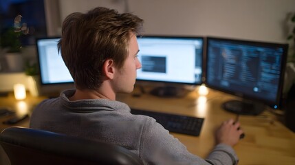 Young man coding on multiple monitors late at night