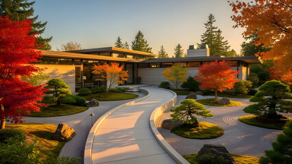 Modern home showcasing Universal Design Age-in-Place principles with a serene Japanese garden in autumn view