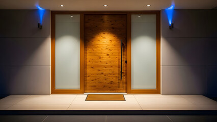 Modern entrance with Universal Design and Age-in-Place principles, featuring a warm wooden door and contemporary lighting.