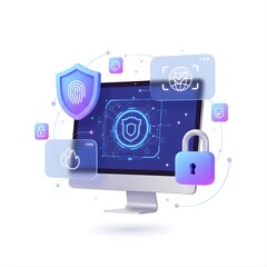 3D illustration of a monitor with security panels, shield and lock icons floating, safe data concept, modern cybersecurity SaaS style