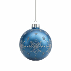 Blue matte Christmas ornament ball with silver snowflake and stars pattern, realistic 3D render isolated on transparent background.
