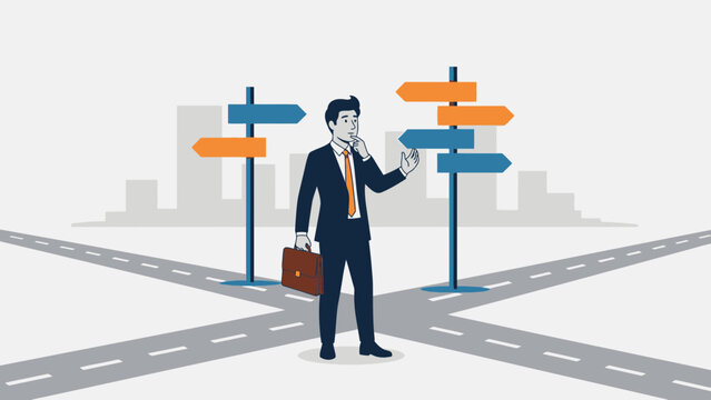 Businessman at crossroads with multiple directional signs, making a decision