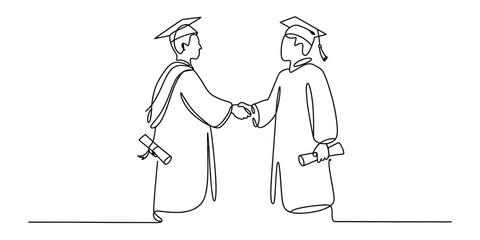 Two graduates celebrating their successful graduation by shaking hands with their diplomas Vector, illustration