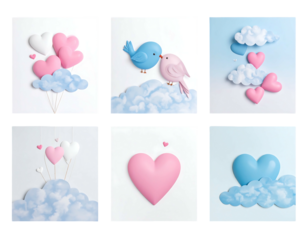 A compilation of six charming art pieces. Each features various hearts, birds, and clouds, rendered in soft pastel colors, creating a sweet and whimsical aesthetic