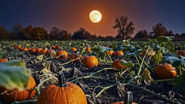 A bountiful pumpkin patch under the harvest moon on a cool autumn night, evoking a magical seasonal atmosphere.