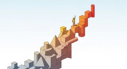Fototapeta premium Small figure celebrates atop ascending structure composed of geometric blocks against pale sky