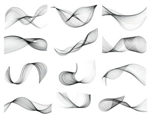 A compilation of twelve grayscale abstract shapes with smooth curved lines against a black background