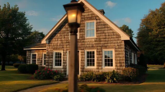 Charming cottage-style saltbox house with wooden shingles and a lush garden.
