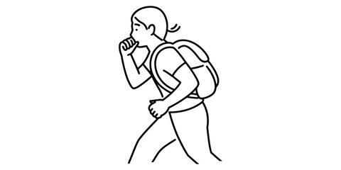 Fototapeta premium A person with a backpack covering their mouth while coughing or sneezing, showing illness prevention