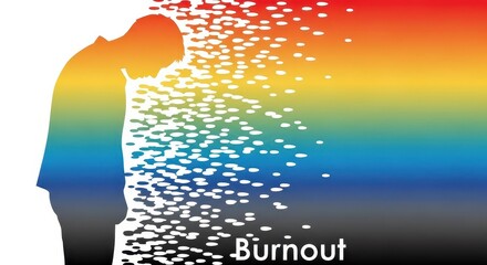 Silhouette of a person dissolving into colorful particles represents a state of profound exhaustion