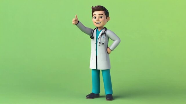 Friendly doctor giving thumbs up in white coat on green background