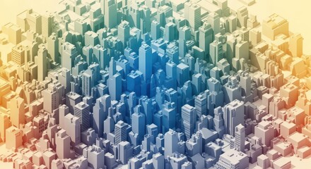 Obraz premium High angle view depicts a dense metropolis featuring skyscraper forms rendered with a vibrant color gradient